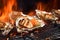 Close Up Delicious shell or clams mussels on hot fire charcoal grill with flames.