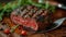 A close up of a delicious steak plating with ingredients