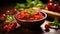 Close up of delicious tomato sauce with fresh cherry tomatoes in a rustic wooden bowl on a table