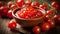 Close up of delicious tomato sauce and vibrant cherry tomatoes arranged on a rustic wooden table
