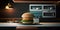 Close-up of a delicious whole hamburger on a luxe modern kitchen. AI Generative