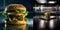 Close-up of a delicious whole hamburger on a luxe modern kitchen. AI Generative