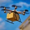 CLOSE UP delivery drone delivers a large brown mail package to the city