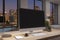 Close up of designer office desktop with empty black computer monitor, window with night city view, decorative items and supplies