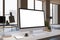 Close up of designer office desktop with empty white computer monitor, window with city view, decorative items and supplies. Mock