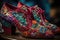 close-up of designer shoes with intricate details and vivid colors