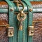 Close-up detail of the locks and handle of an antique crocodile skin suitcase.