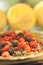 Close Up detail of Metal tray of fruit, blackberry and raspberry