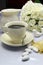 Close up of detail on wedding breakfast dining table setting with fine china coffee cup and milk jug