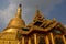 Close up detailed architecture of tallest giant stupa & house of worship in Shwemawdaw Pagoda at Bago, Myanmar