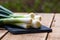 Close up of details of fresh green onions scallion on a cutting board isolated