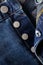 Close up of the details of new LEVI'S 501 Jeans. Seams and button fly close-up. Classic jeans model. LEVI'S is a