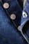 Close up of the details of new LEVI'S 501 Jeans. Seams and button fly close-up. Classic jeans model. LEVI'S is a