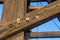 Close up and details of a wooden mine derrick made of large timber beams, Mazarron, Spain