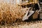 Close up details of working farmer with combine harvester in the fields