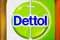 Close-up of Dettol liquid label. Antiseptic liquid bottle.