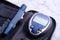 Close up of diabetic measurement tools on table