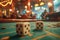 Close Up of Dice on Casino Table with Defocused Lights and Gaming Chips in Background