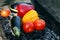 Close up different fresh grilled vegetables on the grid grill