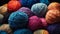 Close up different multicolored balls of woolen yarn. Knitting hobby. Indoor background