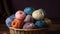 Close up different multicolored balls of woolen yarn. Knitting hobby. Indoor background