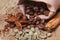 Close-up different types of coffee beans in a bag, green coffee, sticks of cinnamon and anise star, macro, set