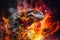 A close-up of a dinosaur in the midst of a raging forest fire, symbolizing the impact of wildfires on prehistoric creatures