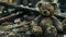 Close-up of dirty shabby teddy bear against burned house destruction of consequences of military conflict. Generative AI