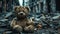 Close-up of dirty shabby teddy bear against burned house destruction of consequences of military conflict. Generative AI