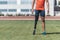 Close up disabled man athlete with leg prosthesis