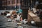 close-up of discarded packaging and other trash on city street