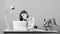 Close-up on discussion. woman with microscope. woman work in office at laptop. businesswoman talking on phone. secretary