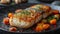 Close up of a dish featuring fish, vegetables, and fines herbes on a table