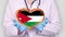 Close-up. Doctor in medical white coat, blue gloves holds in hands drawn pulsating heart with Jordan flag. Concept of