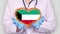 Close-up. Doctor in medical white coat, blue gloves holds in hands drawn pulsating heart with Kuwait flag. Concept of