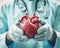 Close-up of a doctor\\\'s gloved hands holding a human heart created with Generative AI technology