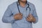 Close up Doctor and stethoscope/Professional Asia doctor on gray background