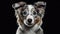 a close up of a dog with blue eyes on a black background