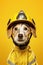 Close up of dog wearing fireman's helmet on yellow background. Generative AI