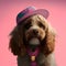 a close up of a dog wearing a hat and beaded necklace