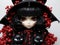 A close up of a doll wearing a hat and holding two black cats. Generative AI image.