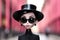 A close up of a doll wearing a hat and sunglasses. Generative AI image.