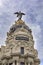 Close up of the dome of Metropolis, one of the most beautiful buildings in Madrid Spain on Gran Via main shopping street