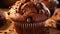 A close-up of a double chocolate chip muffin with a soft, moist center in