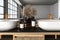 Close up of double sink with oval mirror hanging on black marble wall, empty rack, modern cabinet with gold faucet in minimalist