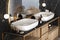 Close up of double sink with oval mirror hanging on black marble wall, empty rack, modern cabinet with gold faucet in minimalist