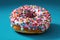 Close up of a doughnut sprinkled with frosting and red blue candy bits. Generative AI