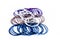 Close up of dozen of white and blue colored bangles along with a dozen  of purple and orange colored bangles isolated on white.