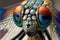 a close up of a dragonfly\\\'s face and wings with multicolored markings on it\\\'s wings and eyes, with a black