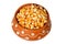 Close-up of Dried corn in a clay pot on white background